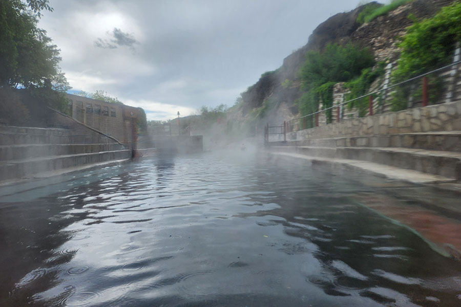 Lava Hot Springs in Idaho with steaming geothermal pools and outdoor soaking area