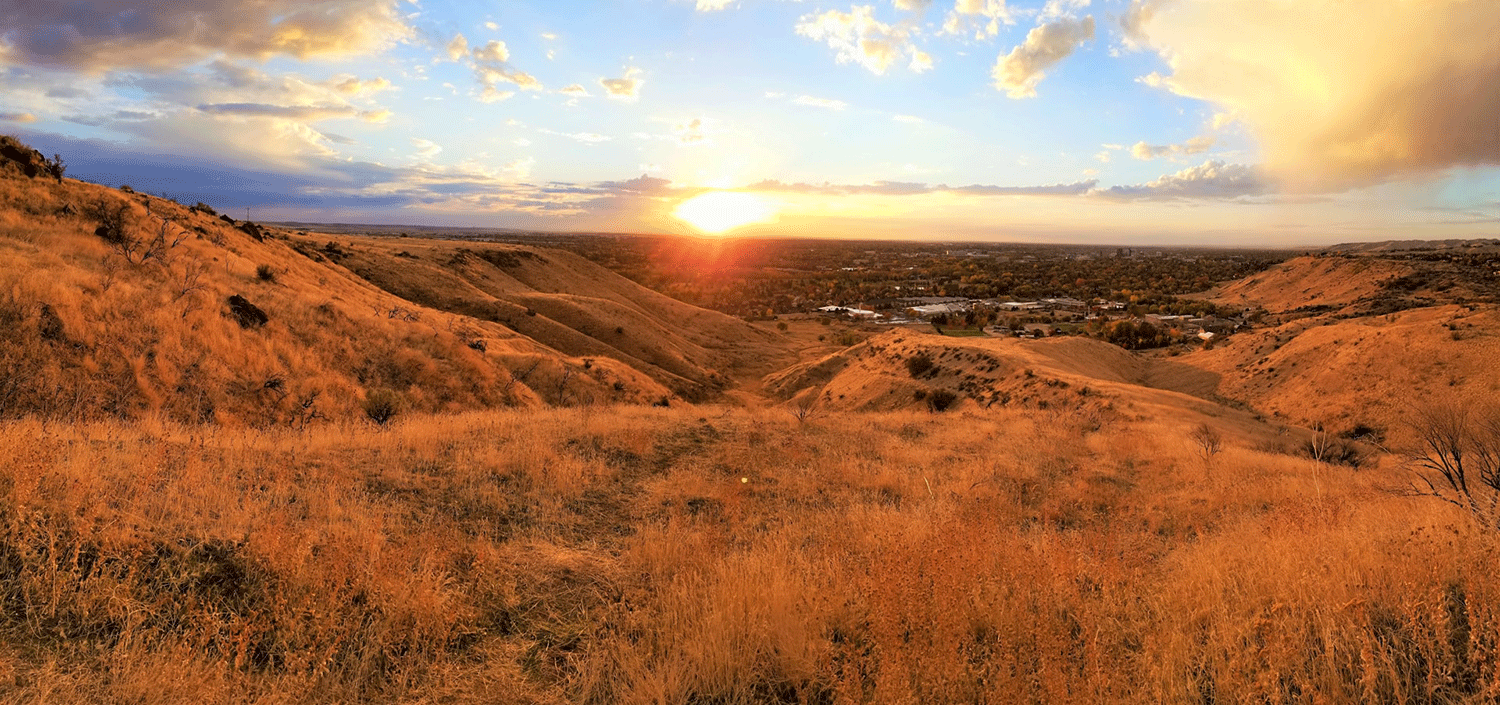 Boise Foothills in Idaho at sunset with rolling hills and golden grass landscape