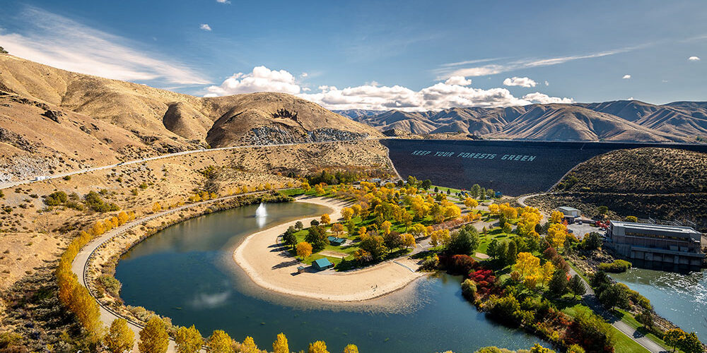 Lucky Peak State Park near Boise Idaho with reservoir, shoreline, and surrounding hills landscape