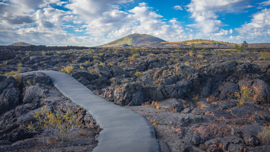 Craters of the Moon National Monument volcanic landscape in Southern Idaho with lava fields and walking trail, one of the top nature and outdoor experiences in Idaho.