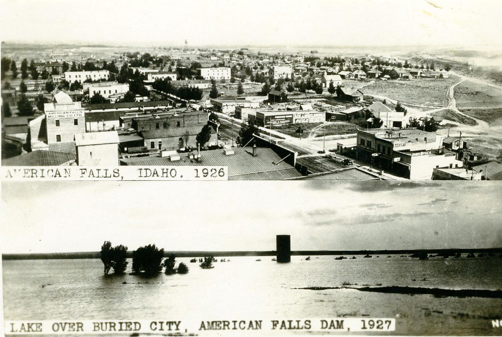 Historic photo of American Falls Idaho before and after reservoir flooding showing town submerged beneath water