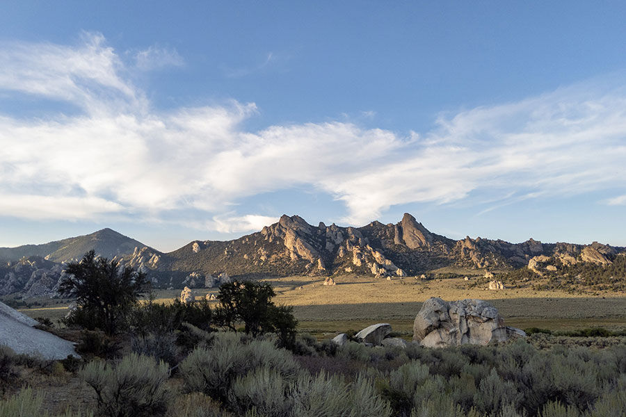 City of Rocks National Reserve in southern Idaho with open landscape and mountains