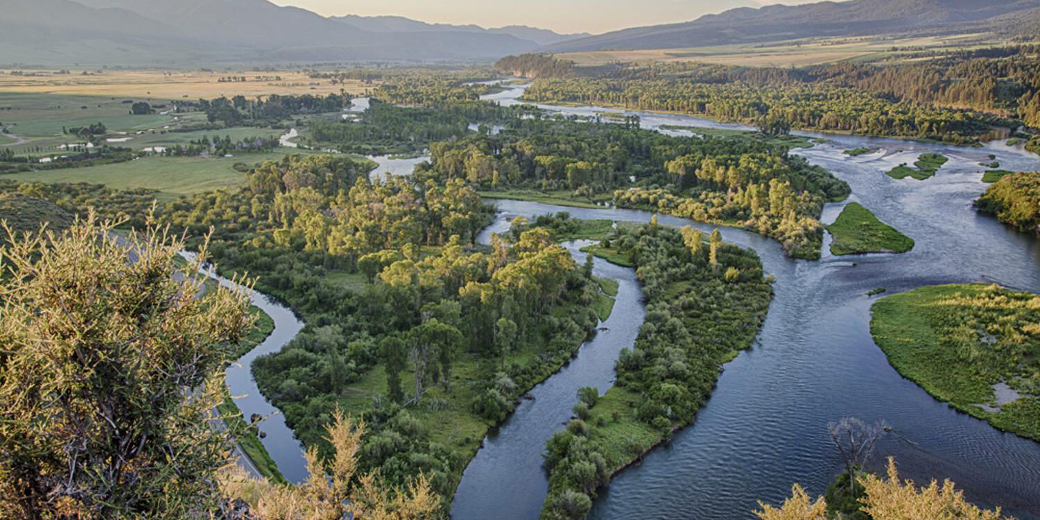 Aerial view of the Henrys Fork of the Snake River winding through forested landscape in Island Park, Idaho