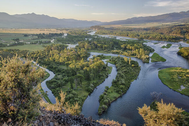 Aerial view of the Henrys Fork of the Snake River winding through forested landscape in Island Park, Idaho