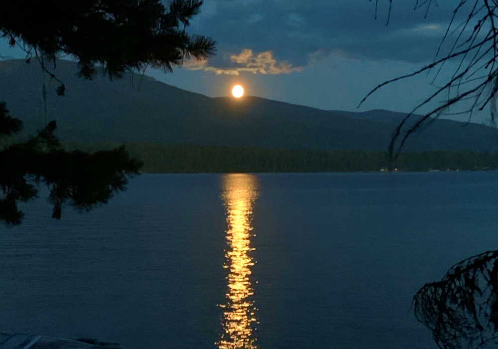 Moonlight reflecting on Priest Lake in Idaho with mountains and trees silhouetted at night