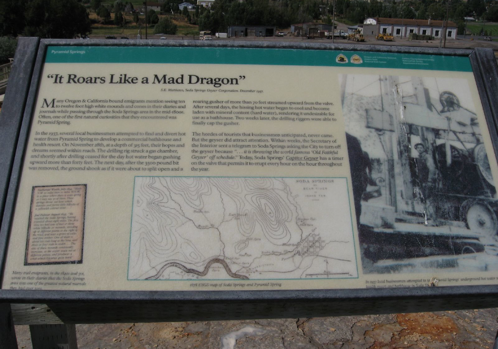 Informational display at Soda Springs Geyser site in Idaho showing history and geology of one of Idaho’s unique attractions