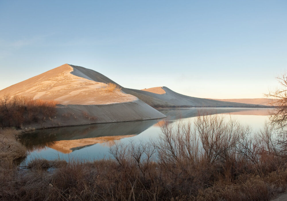 Bruneau Sand Dunes reflected in calm water at sunrise in southern Idaho with desert vegetation along the shoreline